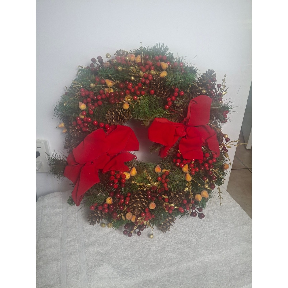 Christmas Wreath Red Velvet Bows Berries Pinecones Artificial Holiday Decor